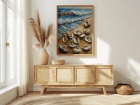 Oyster Shell Beach Poster, Preppy Coastal Striped Navy Decor - Golden Summer Sand Scene
