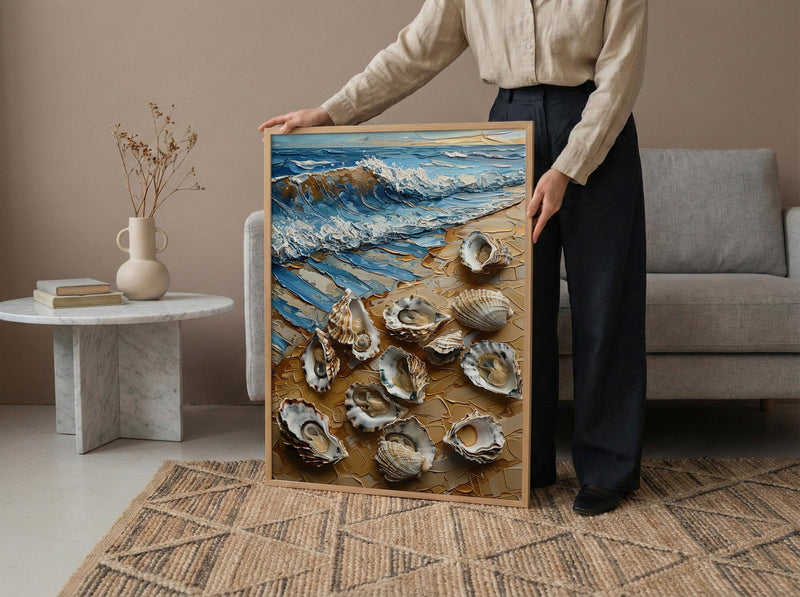 Oyster Shell Beach Poster, Preppy Coastal Striped Navy Decor - Golden Summer Sand Scene