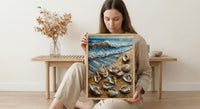 Oyster Shell Beach Poster, Preppy Coastal Striped Navy Decor - Golden Summer Sand Scene