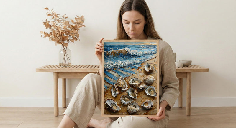 Oyster Shell Beach Poster, Preppy Coastal Striped Navy Decor - Golden Summer Sand Scene