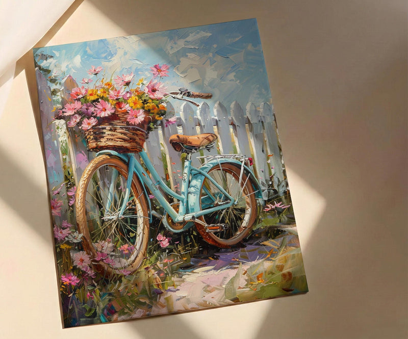 Preppy Beach Bicycle Art Print, Coastal Summer Flower Decor - White Picket Fence View