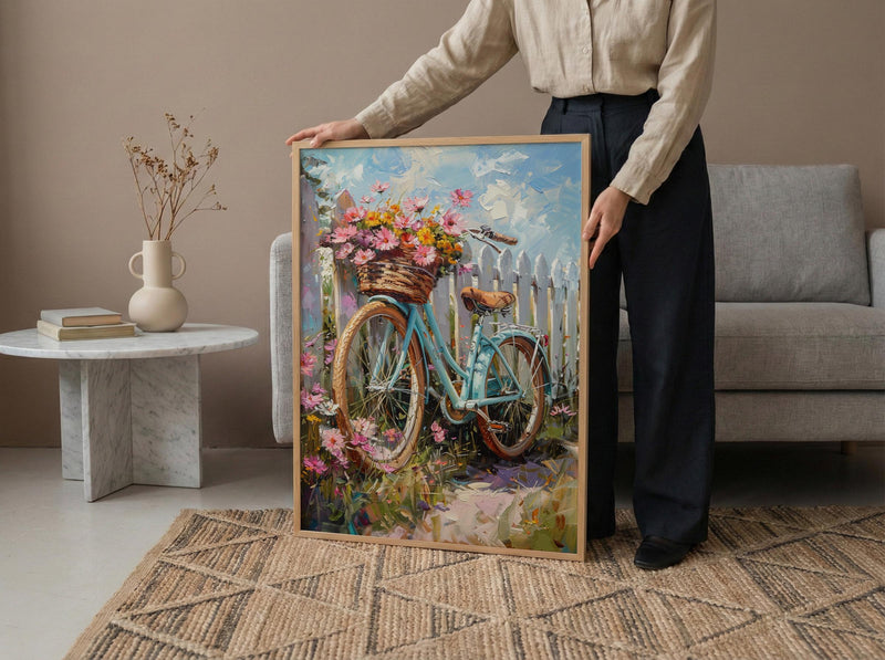 Preppy Beach Bicycle Art Print, Coastal Summer Flower Decor - White Picket Fence View