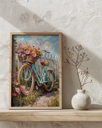 Preppy Beach Bicycle Art Print, Coastal Summer Flower Decor - White Picket Fence View
