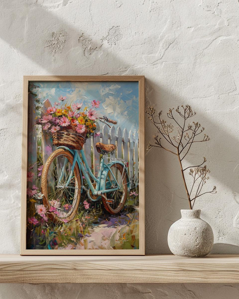 Preppy Beach Bicycle Art Print, Coastal Summer Flower Decor - White Picket Fence View