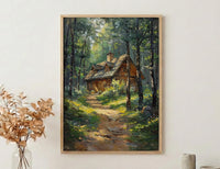 Wooden A Frame Cabin Poster, Lush Green Forest Decor - Warm Summer Sunlight View