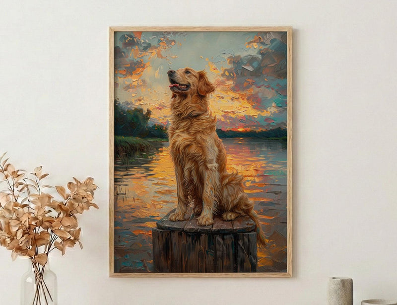 Golden Retriever Dock Wall Art, Lake House Rustic Decor - Bright Summer Sunrise Scene