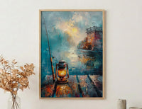 Vintage Lantern Fishing Wall Art, Rustic Lake Pier Decor - Bright Summer Morning Mist