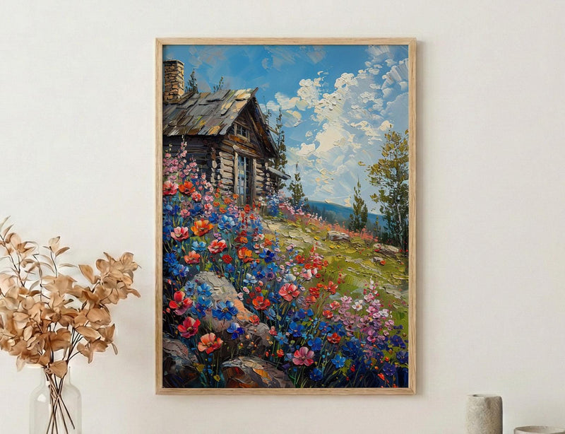 Wild Berry Bush Cabin Poster, Vibrant Summer Nature Decor - Red Blue Fruit Landscape