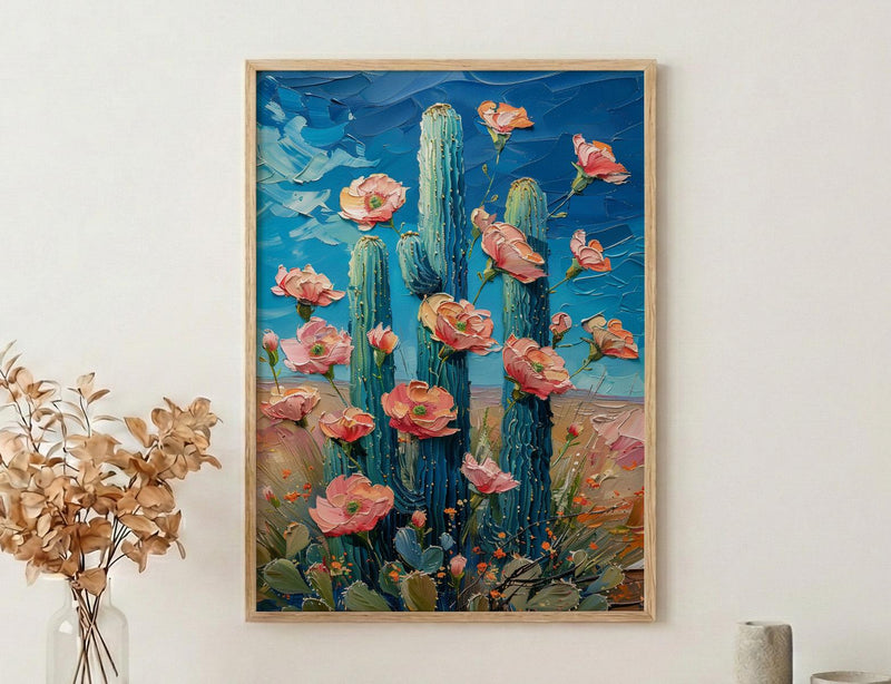 Saguaro Cactus Desert Art Print, Arizona Boho Nature Decor - Pink Summer Flower Bloom