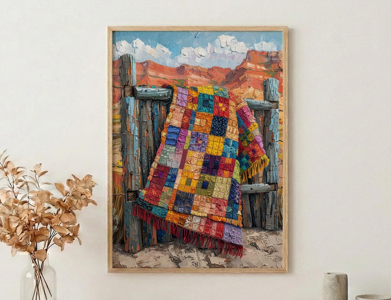 Navajo Blanket Desert Wall Art, Boho Southwestern Room Decor - Colorful Geometric Summer View