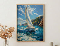 Bay Of Islands Art Print, White Sailboat Home Decor - Energetic Ocean Coast Summer Getaway