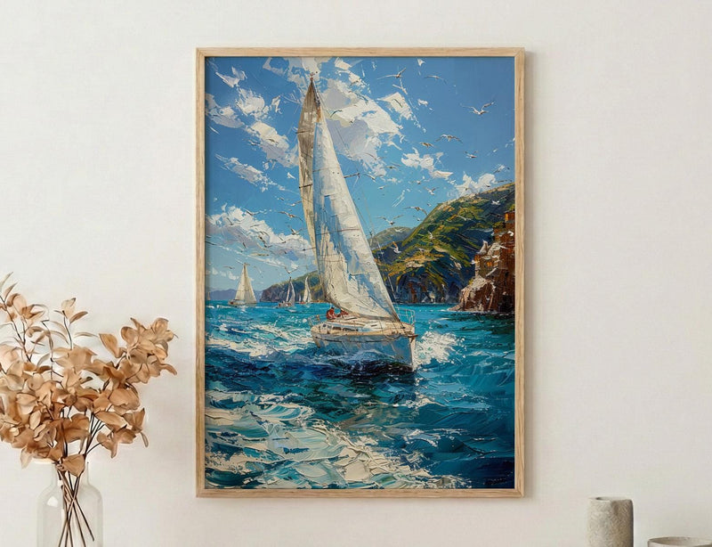 Bay Of Islands Art Print, White Sailboat Home Decor - Energetic Ocean Coast Summer Getaway