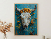 Cow Skull Desert Art Print, Boho Southwestern Wall Decor - Yellow Wildflower Summer Scene