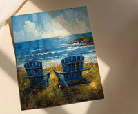 Adirondack Chair Ocean Wall Art, Navy Blue Coastal Decor - Green Lawn Summer Scene