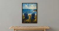 Adirondack Chair Ocean Wall Art, Navy Blue Coastal Decor - Green Lawn Summer Scene