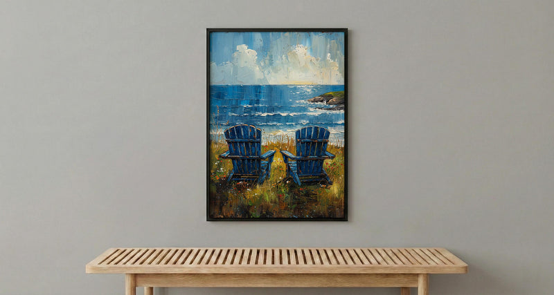 Adirondack Chair Ocean Wall Art, Navy Blue Coastal Decor - Green Lawn Summer Scene