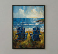 Adirondack Chair Ocean Wall Art, Navy Blue Coastal Decor - Green Lawn Summer Scene