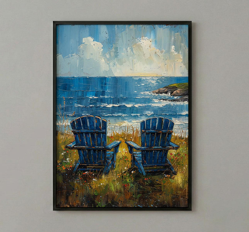 Adirondack Chair Ocean Wall Art, Navy Blue Coastal Decor - Green Lawn Summer Scene