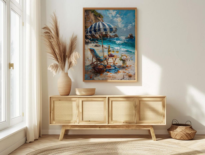Coastal Wine Picnic Wall Art, Luxury Beach Ocean Decor - Striped Umbrella Summer Sun