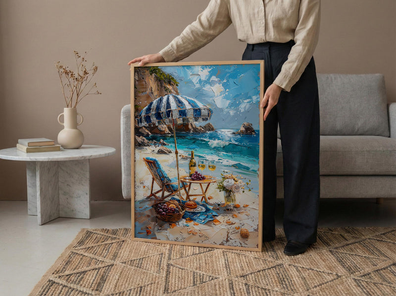 Coastal Wine Picnic Wall Art, Luxury Beach Ocean Decor - Striped Umbrella Summer Sun