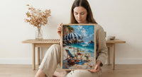 Coastal Wine Picnic Wall Art, Luxury Beach Ocean Decor - Striped Umbrella Summer Sun