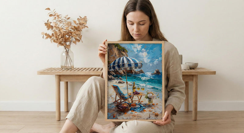 Coastal Wine Picnic Wall Art, Luxury Beach Ocean Decor - Striped Umbrella Summer Sun