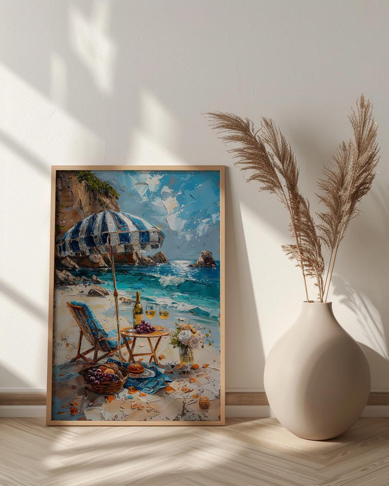 Coastal Wine Picnic Wall Art, Luxury Beach Ocean Decor - Striped Umbrella Summer Sun