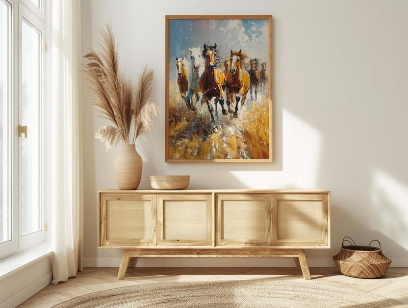 Wild Mustang Horse Poster, Western Desert Nature Animal Decor - Running Herd Summer Dust Scene