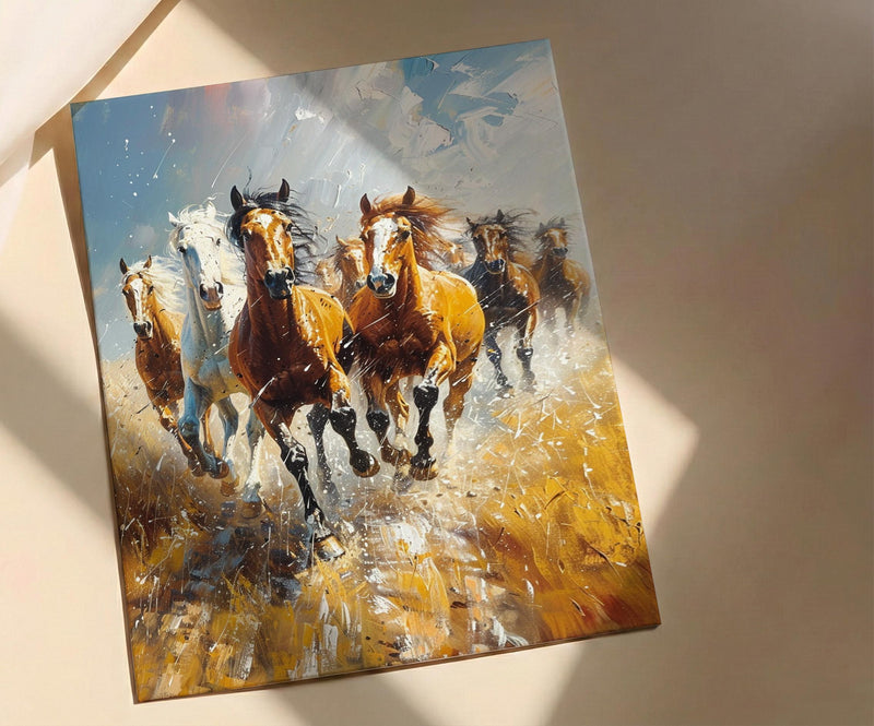 Wild Mustang Horse Poster, Western Desert Nature Animal Decor - Running Herd Summer Dust Scene
