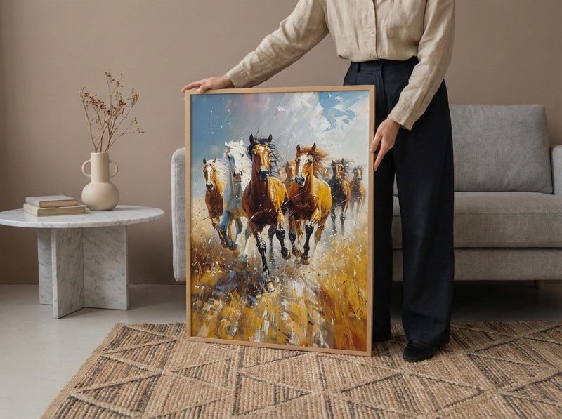Wild Mustang Horse Poster, Western Desert Nature Animal Decor - Running Herd Summer Dust Scene