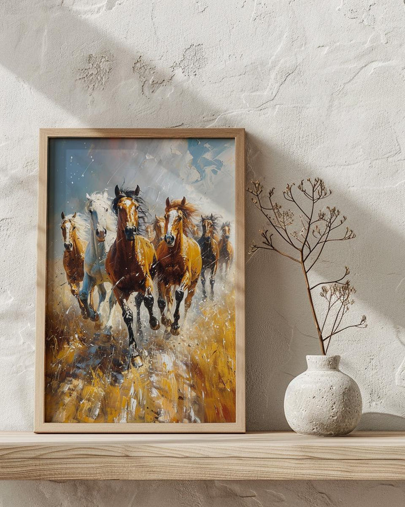 Wild Mustang Horse Poster, Western Desert Nature Animal Decor - Running Herd Summer Dust Scene