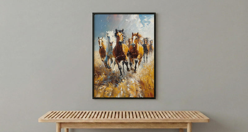Wild Mustang Horse Poster, Western Desert Nature Animal Decor - Running Herd Summer Dust Scene