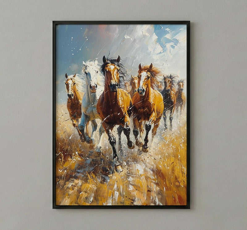 Wild Mustang Horse Poster, Western Desert Nature Animal Decor - Running Herd Summer Dust Scene