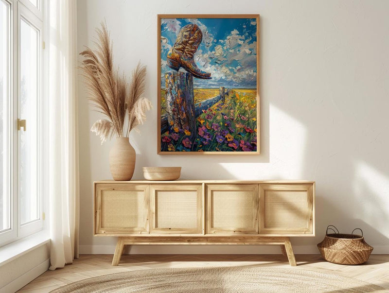Cowboy Boot Art Print, Rustic Western Country Farm Decor - Wooden Fence Bright Summer Sky