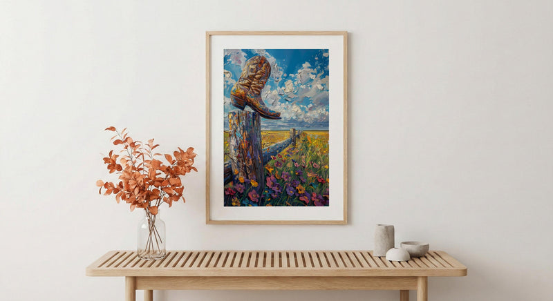 Cowboy Boot Art Print, Rustic Western Country Farm Decor - Wooden Fence Bright Summer Sky