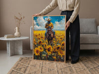 Western Horse Wall Art, Cowboy Blooming Sunflower Field Decor - Bright Yellow Summer Nature View