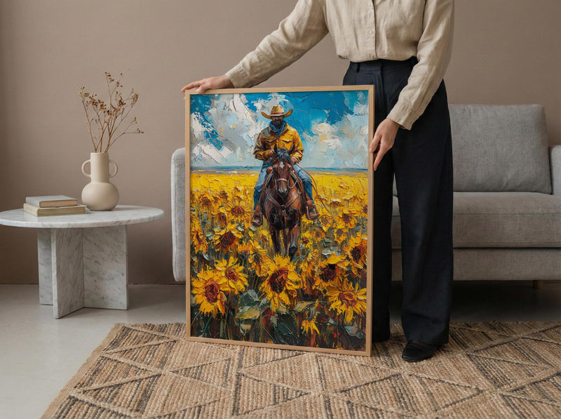 Western Horse Wall Art, Cowboy Blooming Sunflower Field Decor - Bright Yellow Summer Nature View