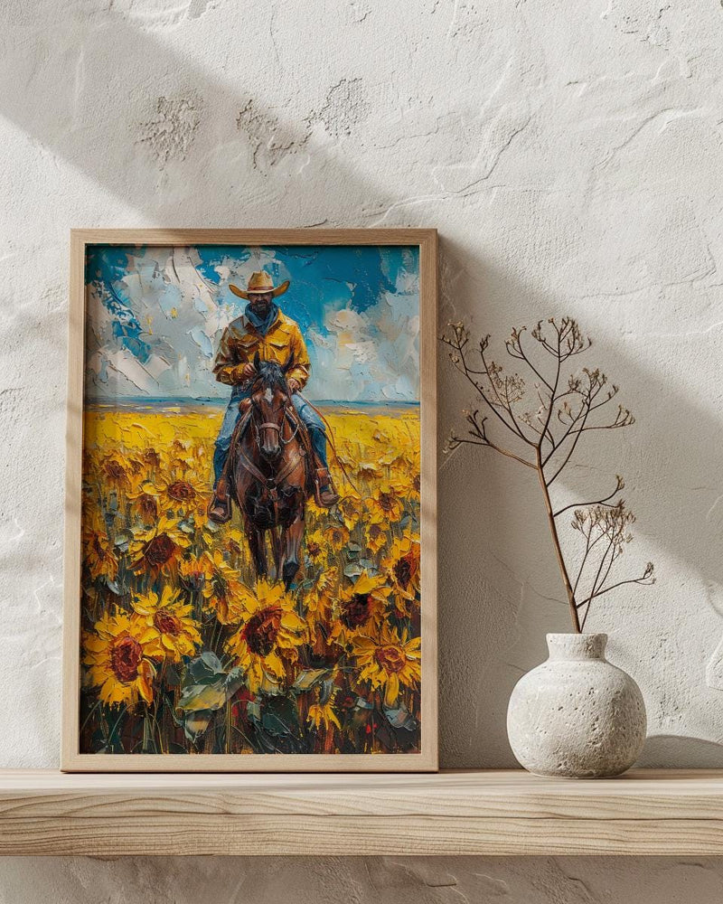 Western Horse Wall Art, Cowboy Blooming Sunflower Field Decor - Bright Yellow Summer Nature View