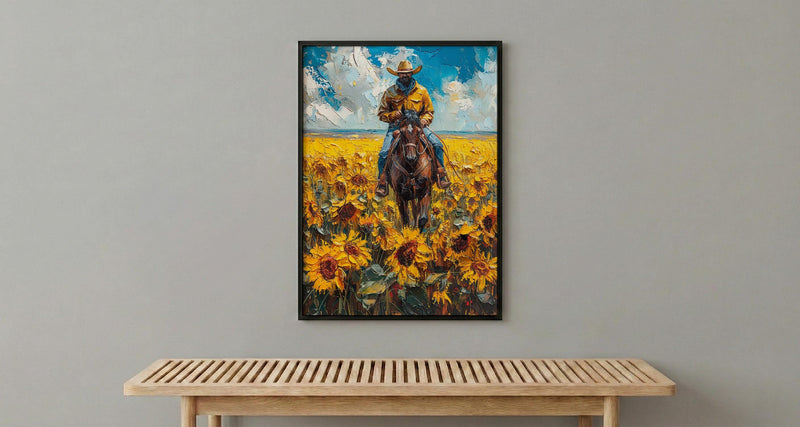 Western Horse Wall Art, Cowboy Blooming Sunflower Field Decor - Bright Yellow Summer Nature View