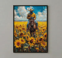 Western Horse Wall Art, Cowboy Blooming Sunflower Field Decor - Bright Yellow Summer Nature View