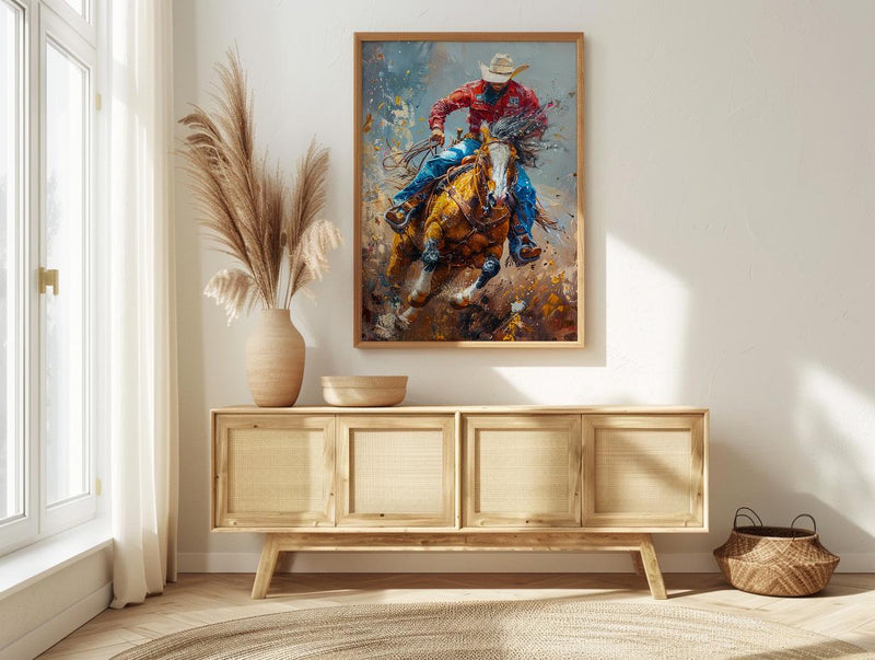 Bucking Bronco Rodeo Poster, Western Cowboy Action Decor - Dusty Summer Arena Wild Animal Scene