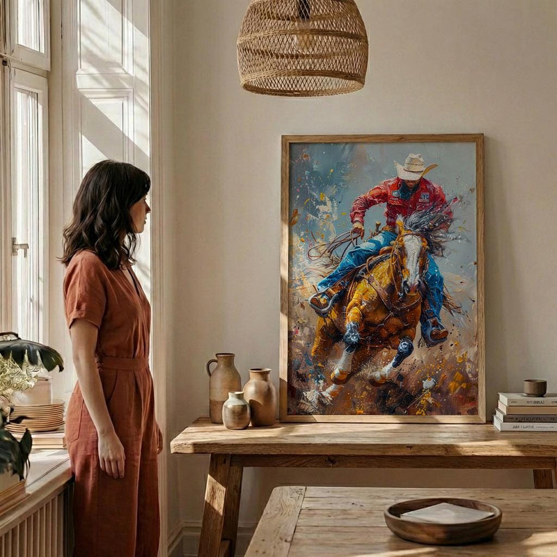 Bucking Bronco Rodeo Poster, Western Cowboy Action Decor - Dusty Summer Arena Wild Animal Scene