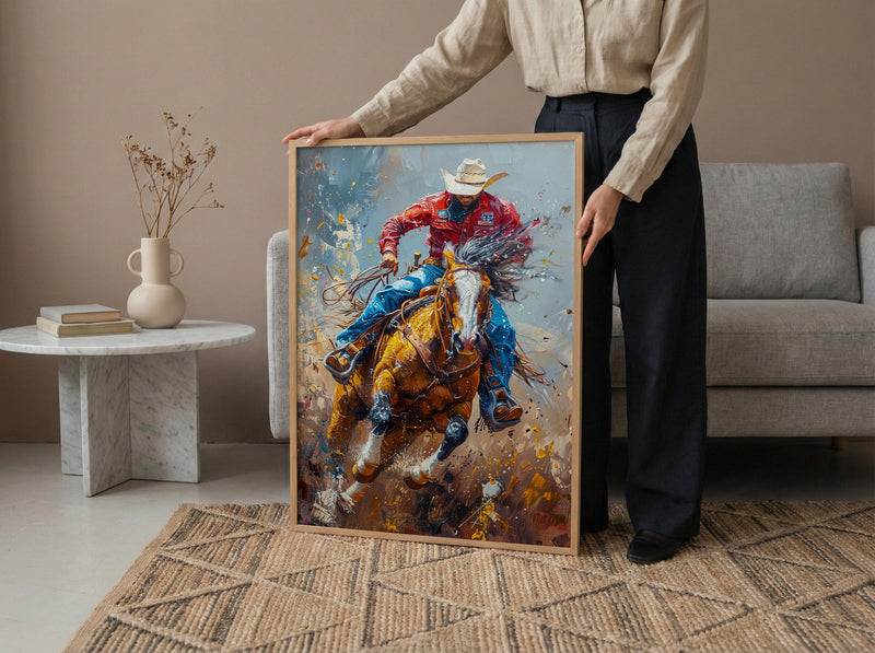 Bucking Bronco Rodeo Poster, Western Cowboy Action Decor - Dusty Summer Arena Wild Animal Scene