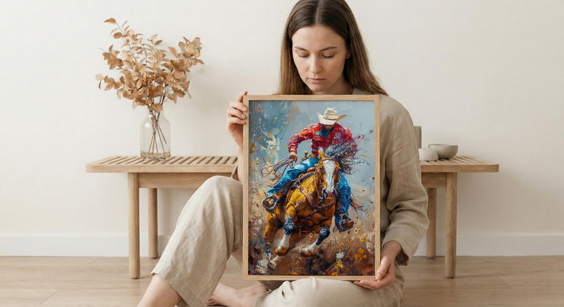 Bucking Bronco Rodeo Poster, Western Cowboy Action Decor - Dusty Summer Arena Wild Animal Scene