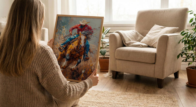 Bucking Bronco Rodeo Poster, Western Cowboy Action Decor - Dusty Summer Arena Wild Animal Scene