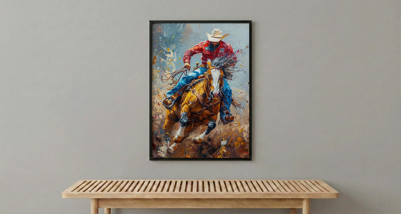 Bucking Bronco Rodeo Poster, Western Cowboy Action Decor - Dusty Summer Arena Wild Animal Scene