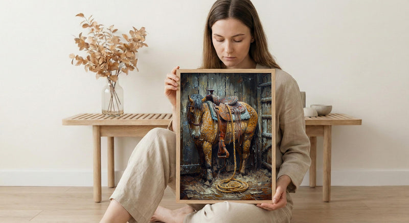 Western Lasso Wall Art, Rustic Country Farm Barn Decor - Golden Sun Beam Summer Scene