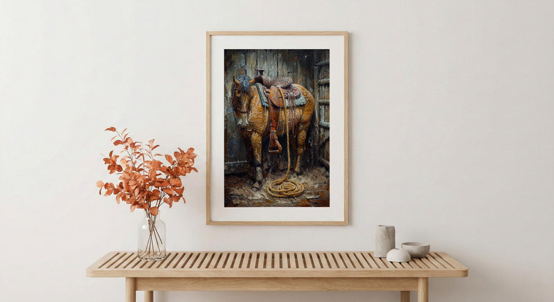 Western Lasso Wall Art, Rustic Country Farm Barn Decor - Golden Sun Beam Summer Scene