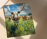 Texas Longhorn Cattle Poster, Western Animal Nature Decor - Lush Green Summer Pasture Blue Sky