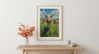 Texas Longhorn Cattle Poster, Western Animal Nature Decor - Lush Green Summer Pasture Blue Sky